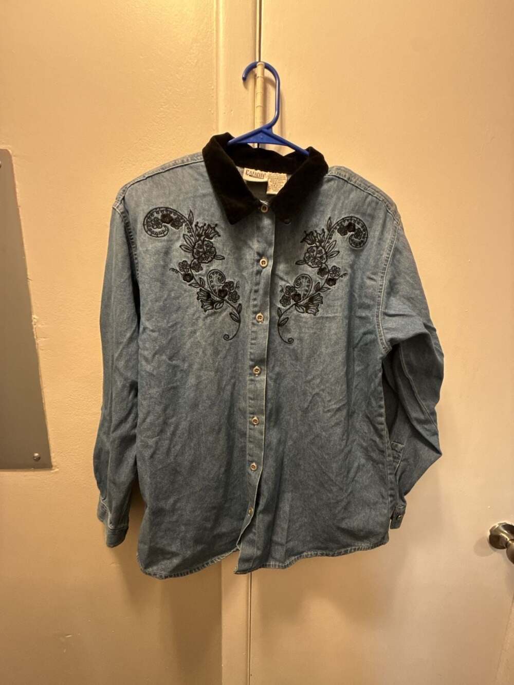Capacity Petites Denim Shirt Size Petite Large Blue Embroidered Velvet Collar